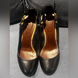 Burberry Black Leather Slingback Pumps with Yellow Accents